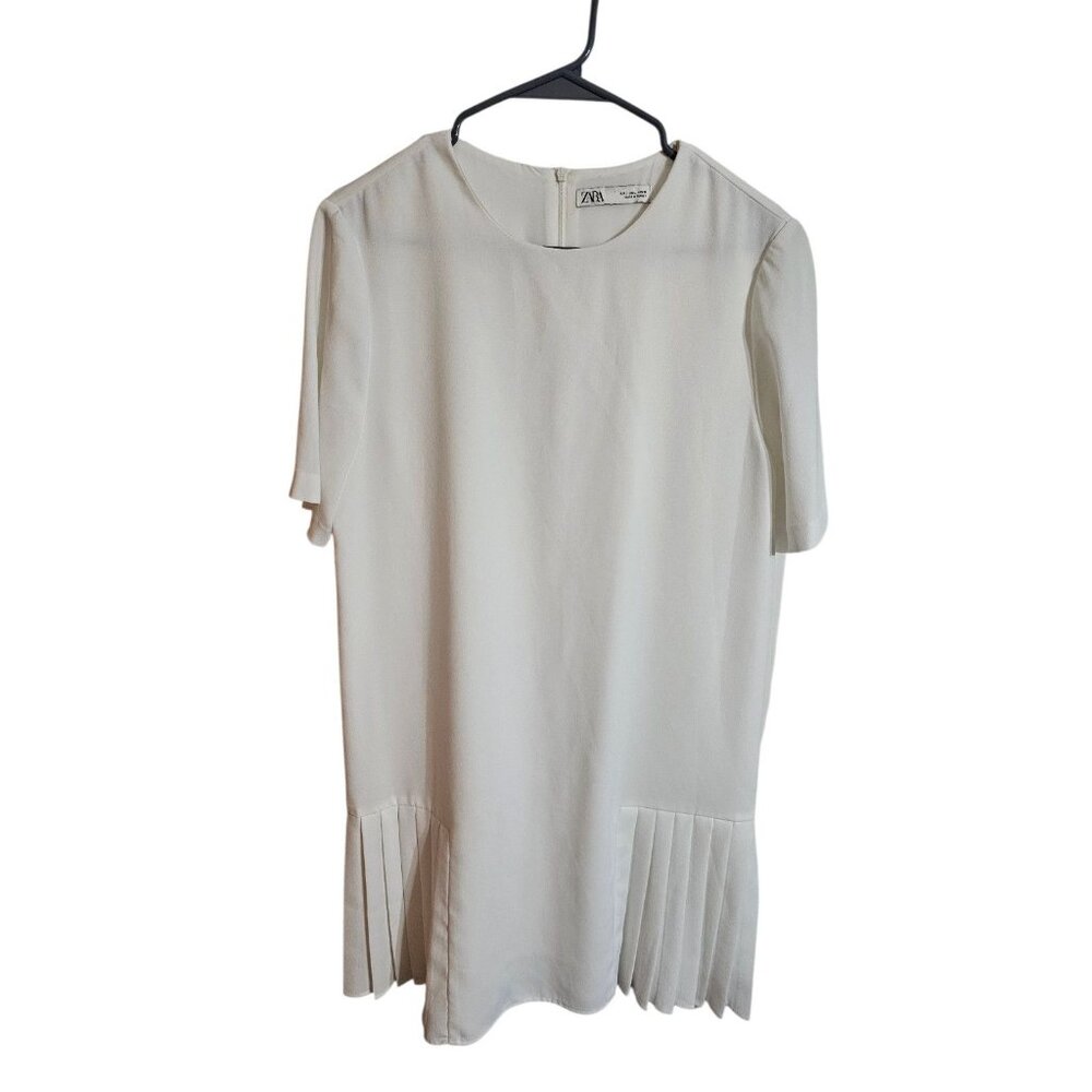 Zara White Pleated Hem Shift Dress Minimalist Mod Short Sleeve Large Preppy - Picture 2 of 6